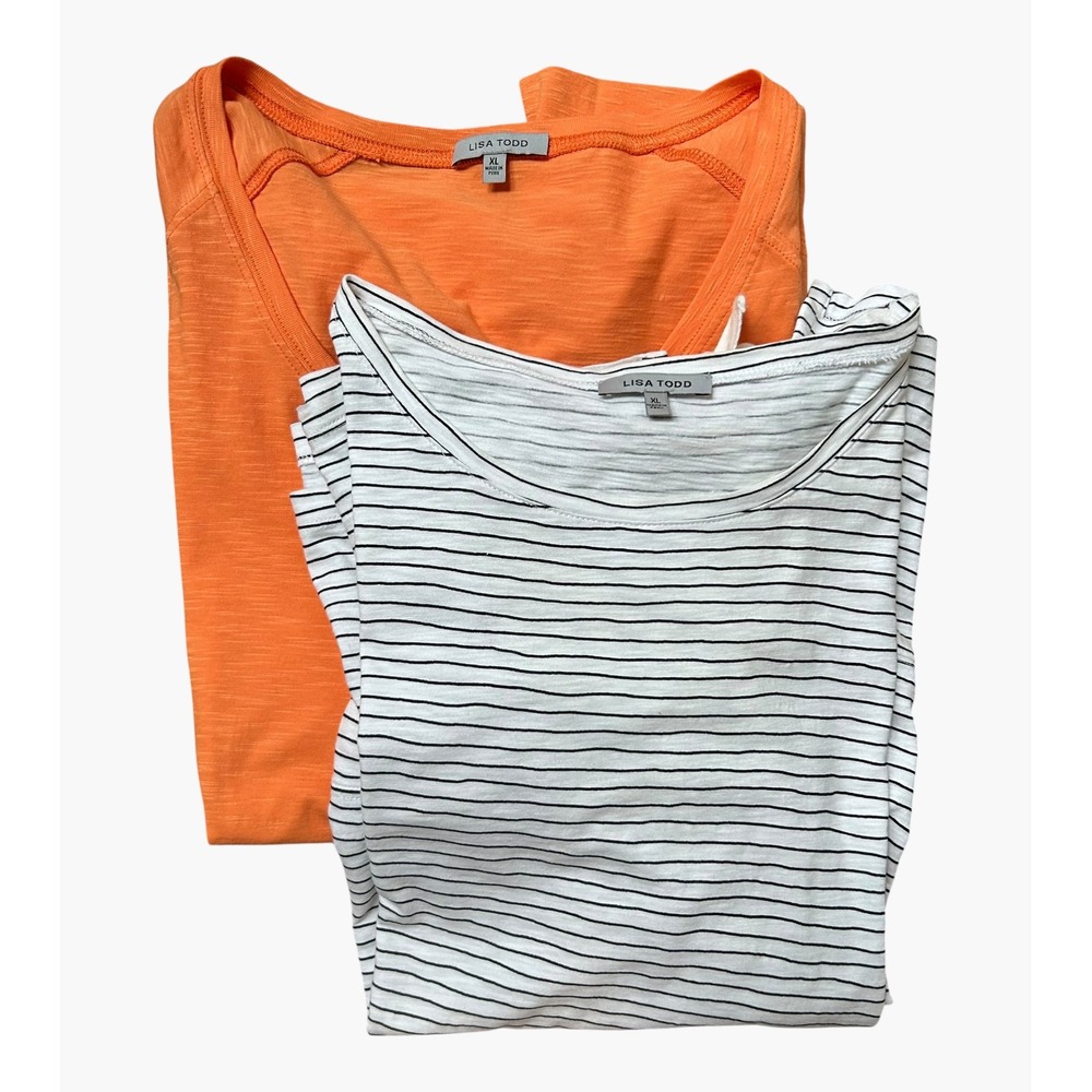 Lisa Todd Cotton Long Sleeve Two Top Bundle Striped & Orange V-Neck Size XL
